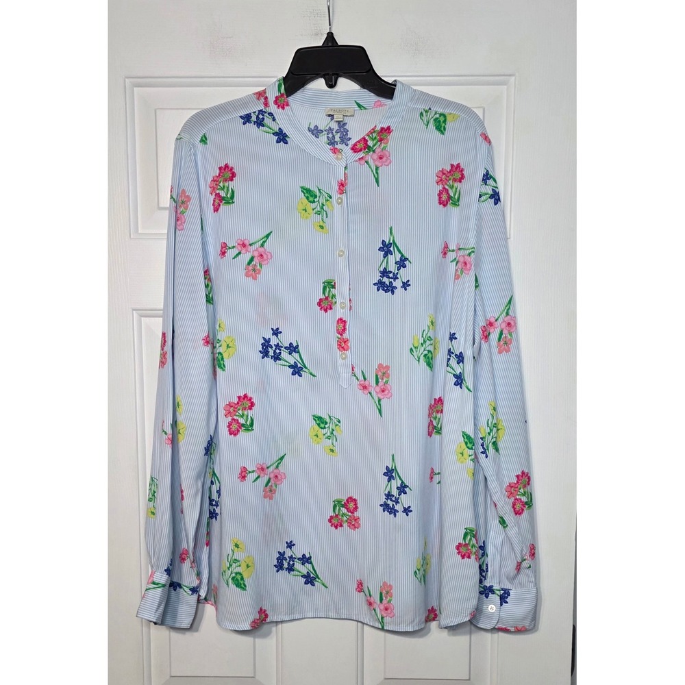 Talbots Petite XLp Floral Stripe Henley Blouse‎ Blue White Long Sleeve Rayon Top